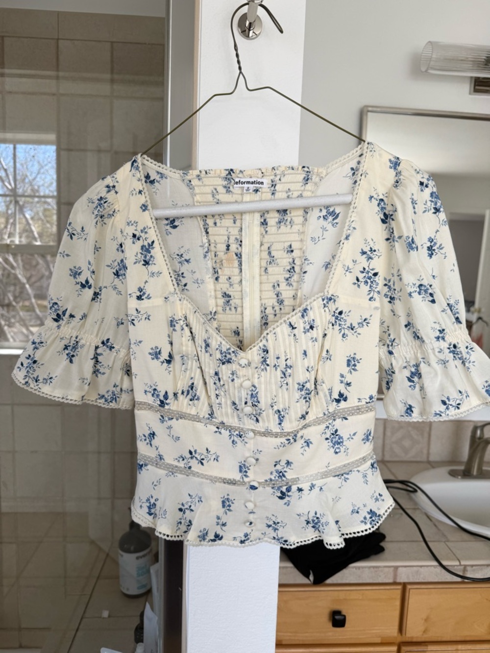 Reformation Cream Blouse with Blue Floral Print and Puff Sleeves
